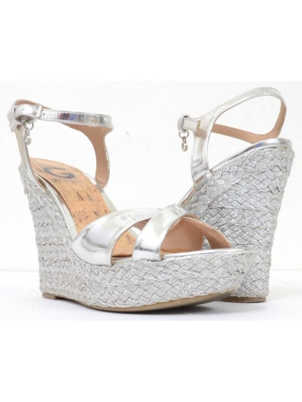 G By Guess Debbra2 Women's 8 Metallic Shiny Silver Platform Wedge Sandal Heels